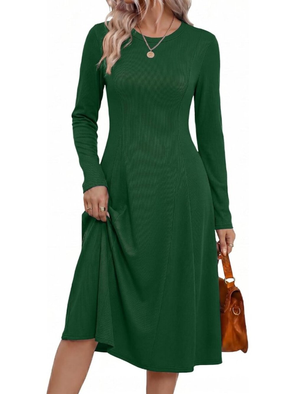 Women's Green Sweater Crew Neck Long Sleeve Ribbed Knit A Line Flowy Midi Dress